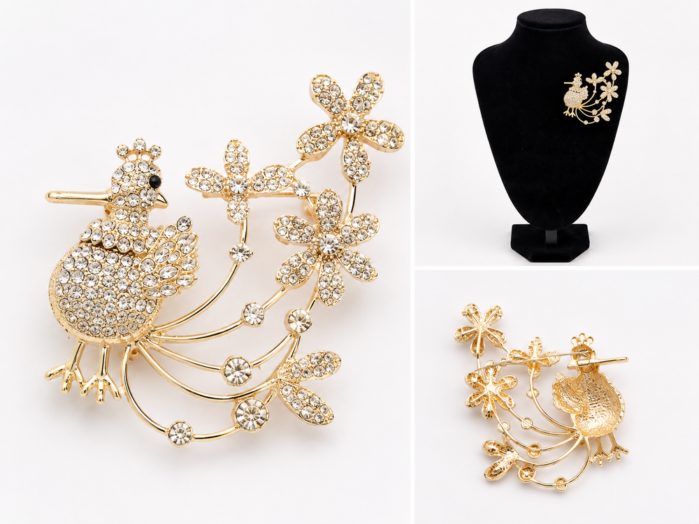 Crystal bird statement brooch with floral detailing available in rose gold, gold and silver