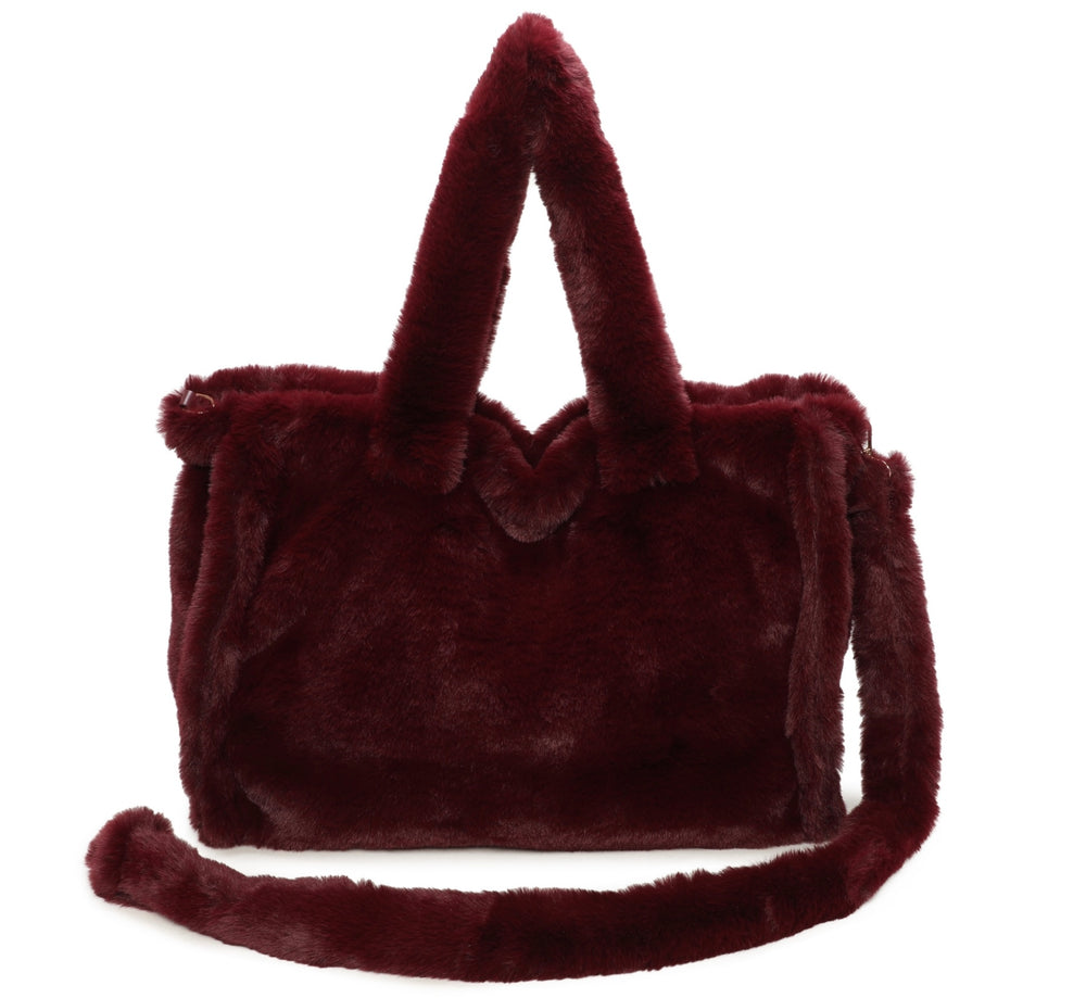 Wine faux fur tote bag with top handles and matching shoulder strap