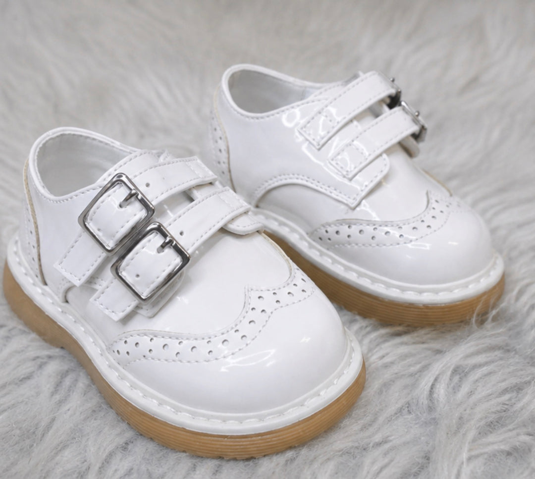 White patent toddler Spanish shoes with double buckle strap