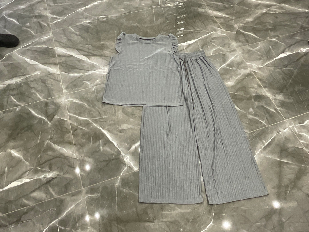 Ribbed Frill Sleeve Top &amp; Wide Leg Trouser Co-Ord Set