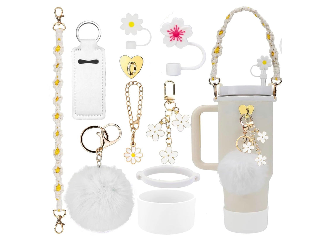 Stanley Cup Accessories Set, 10PCS Decor Includes Straw Cover, Water Bottle Handle Strap, Silicone Boot, Charms for 40oz &amp; 30oz Tumbler, White
