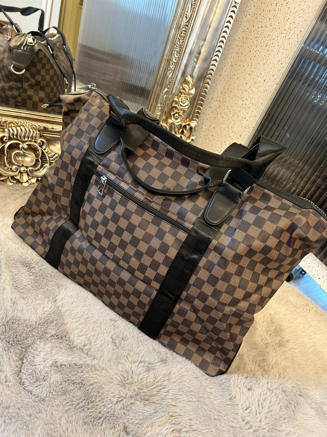 Brown checked detail, large holdall luggage travel bag with silver hardware