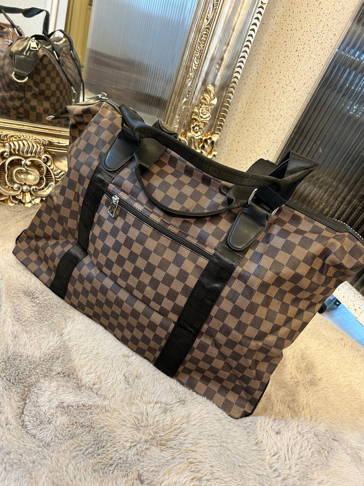 Brown checked detail, large holdall luggage travel bag with silver hardware