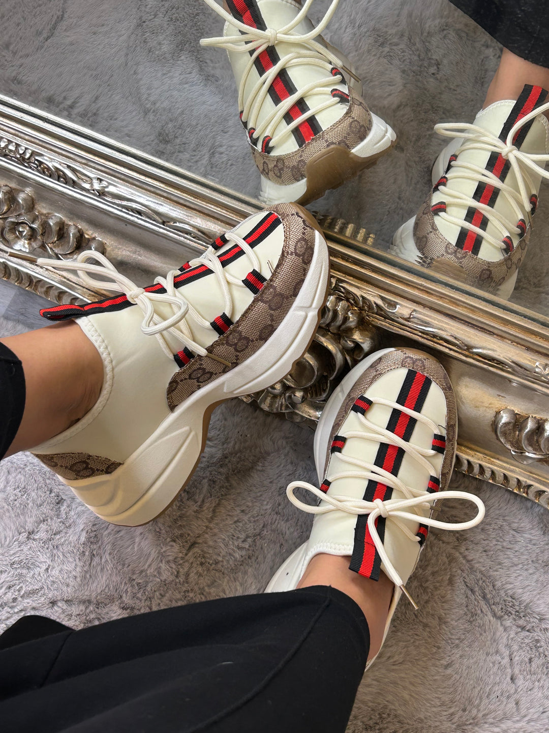 Cream and beige trainers with beige stripe front 