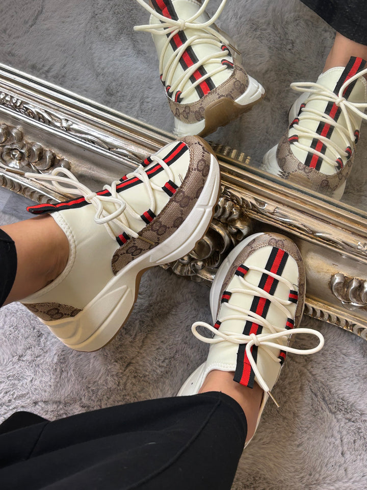 Cream and beige trainers with beige stripe front 