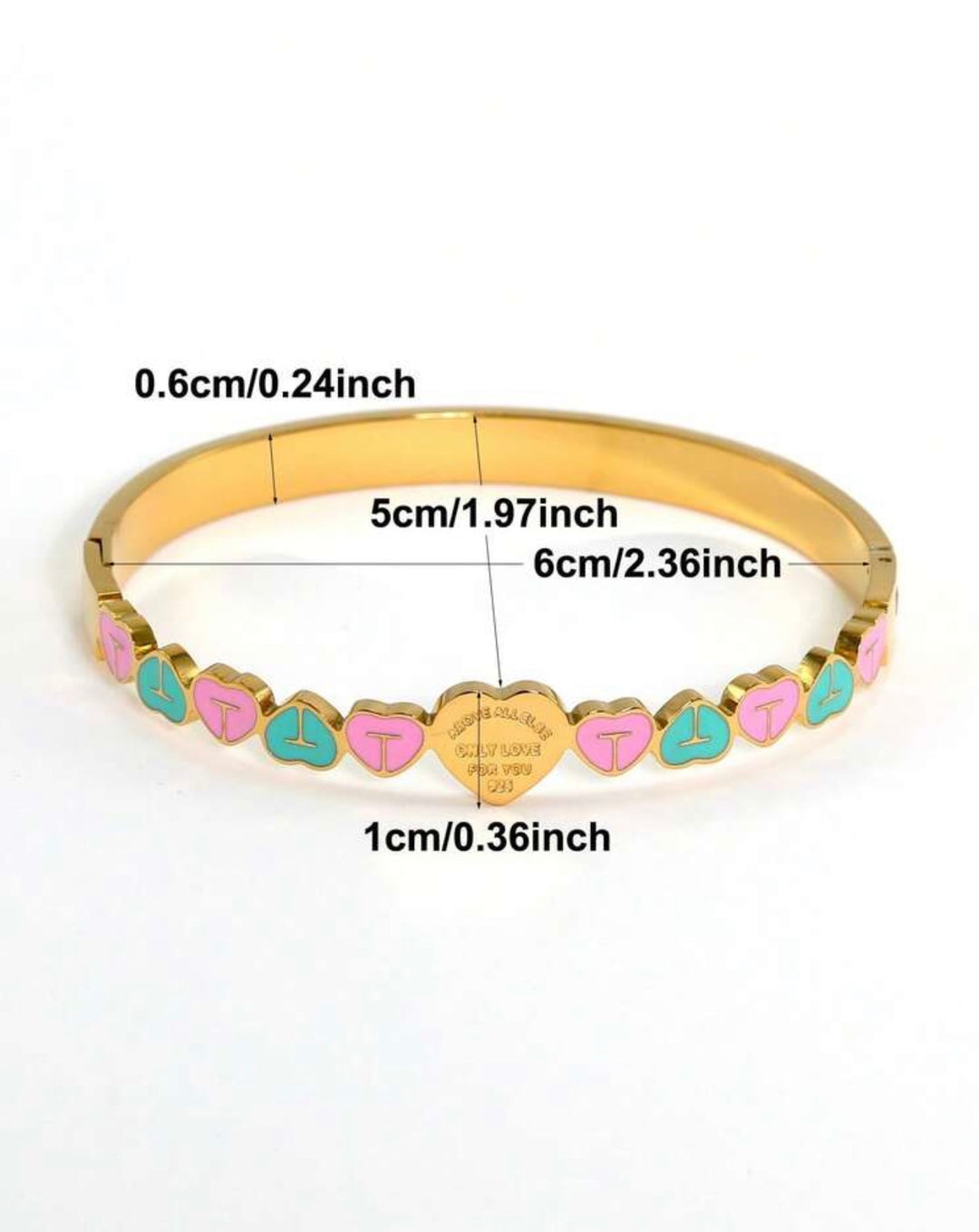     Gold three-piece stainless steel love bangle bracelet set with heart charms and crystal detailing.