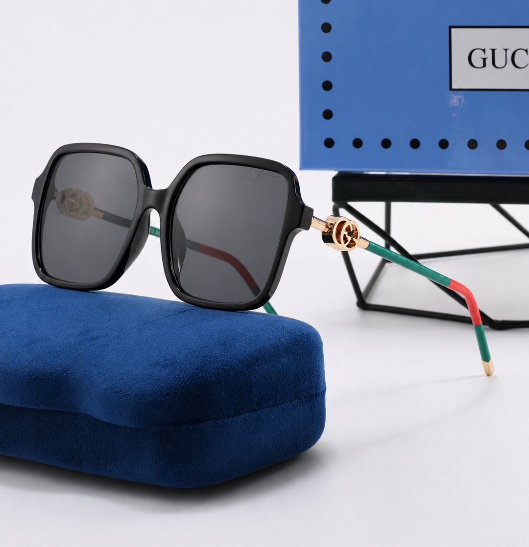 Black Rectangle Sunglasses with Gold Detail - GEE