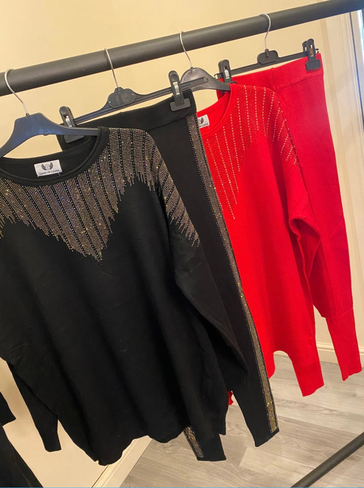 Crystal detailed black and red legging lounge set 