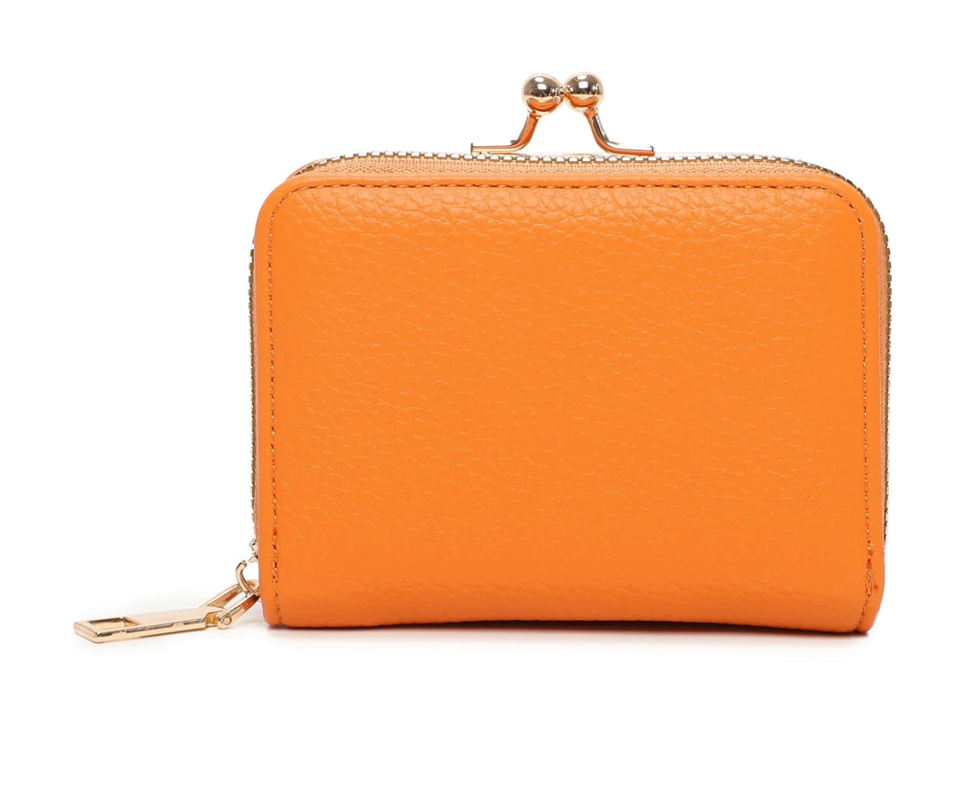 A orange clutch purse with gold detail and a zipper closure.