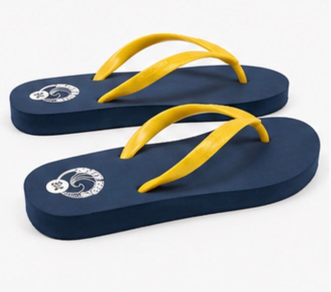 Navy blue flip flops with bright yellow straps 