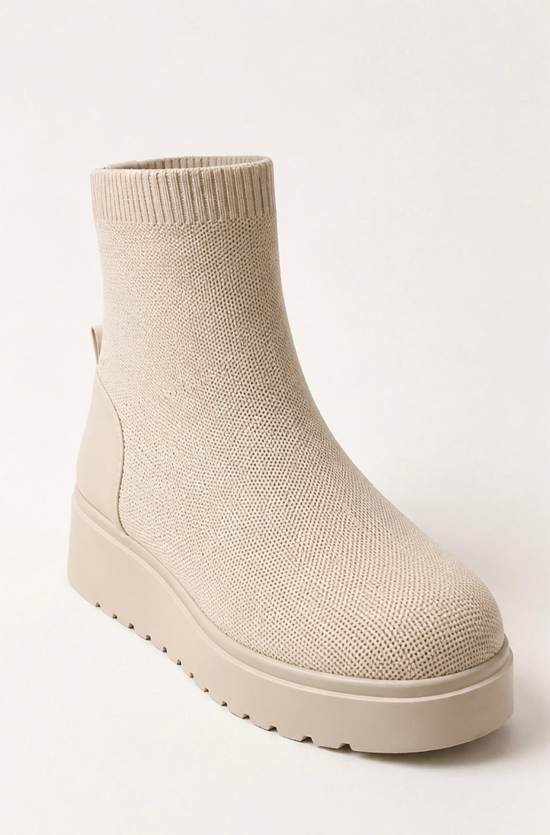 Cream knitted sock ankle boots with chunky platform sole and stretch ribbed cuff detail 