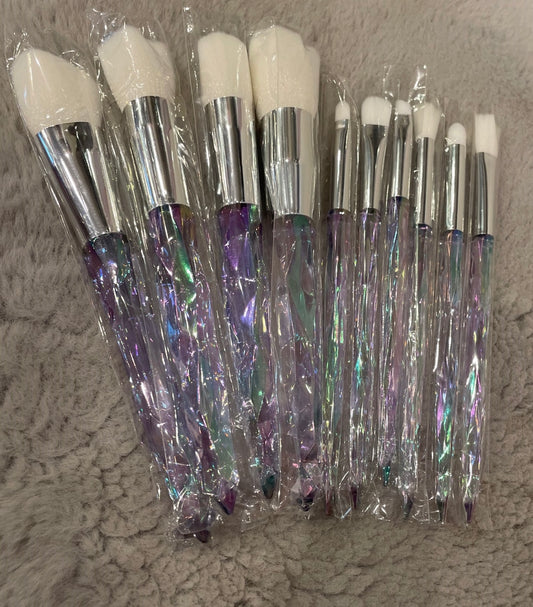 Crystal make up brush set, stylish lilac sparkle 10 pieces per pack