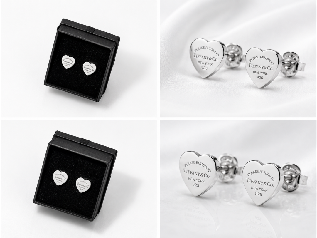 Silver heart-shaped stud earrings with engraved detailing