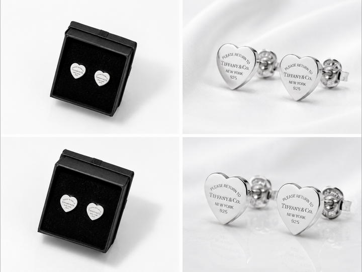 Silver heart-shaped stud earrings with engraved detailing