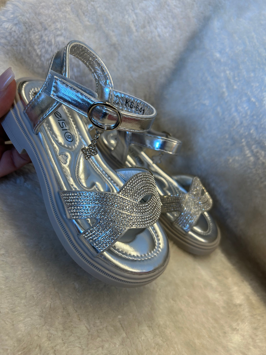 Girls Silver embellished crystal sandal shoes with hanging charm 