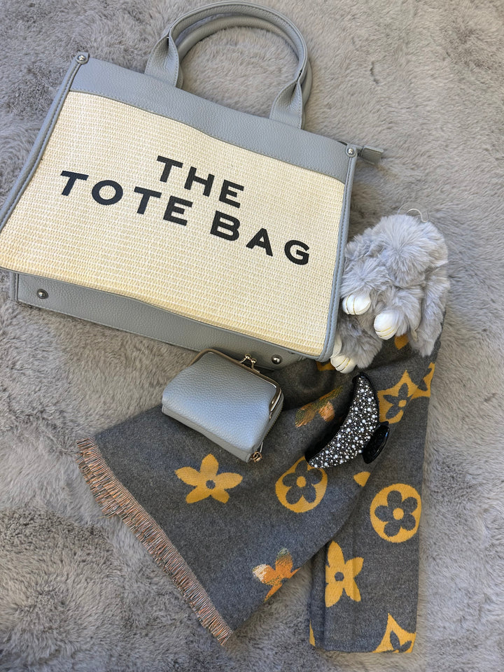 Grey themed handbag bundle with grey tote bag, keyring, purse, scarf and hair clip.