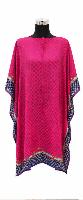 Pink oversized patterned kaftan top with blue and gold border detail