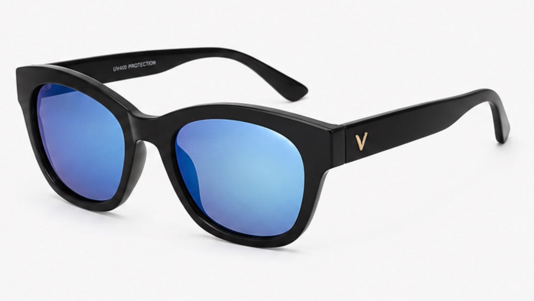 Black oversized sunglasses with glossy black frames, blue mirrored lenses and gold V detail