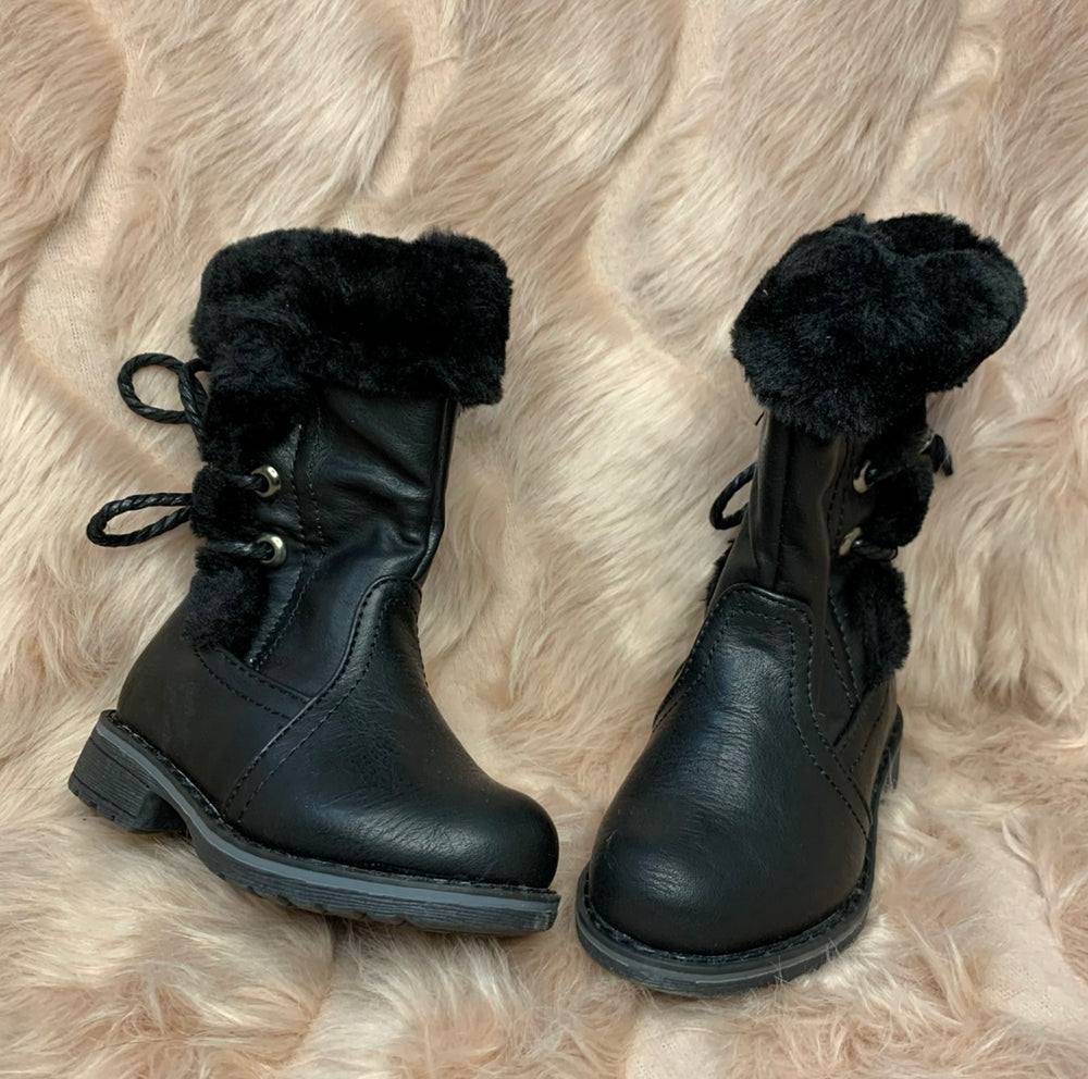 A pair of black kids' long boots with fur lining