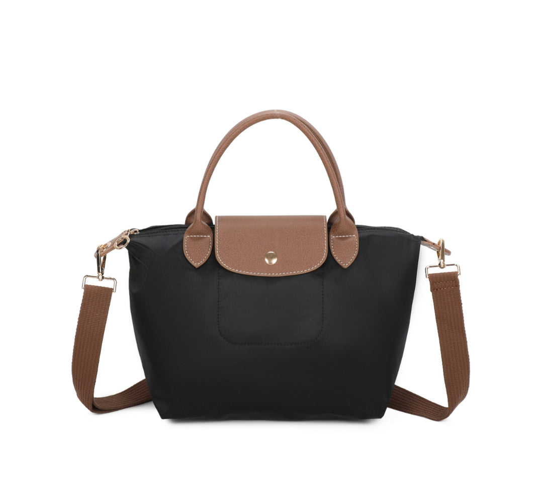 Black handbag with brown handles and strap