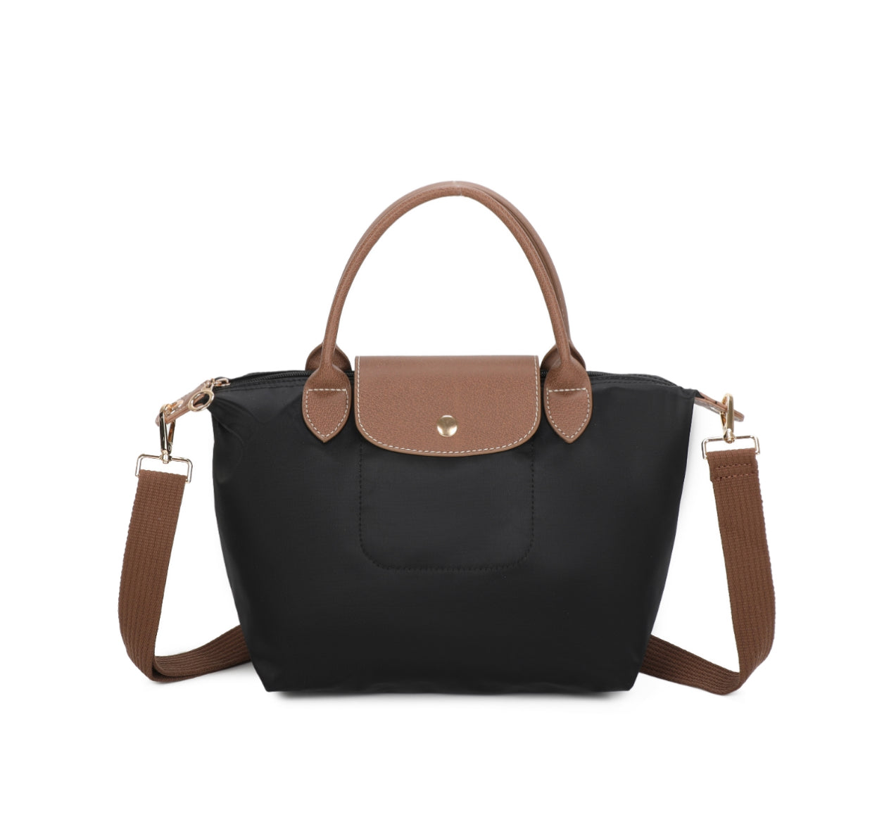 Black handbag with brown handles and strap