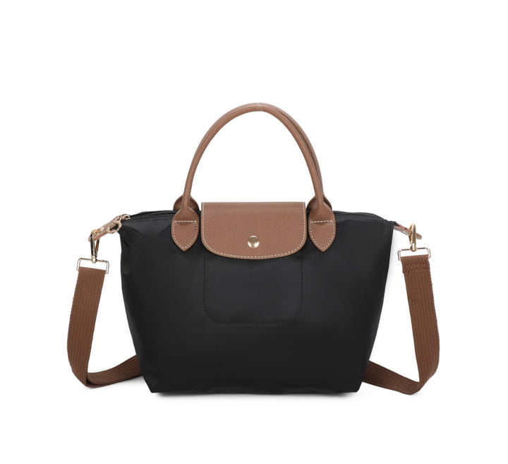 Black handbag with brown handles and strap