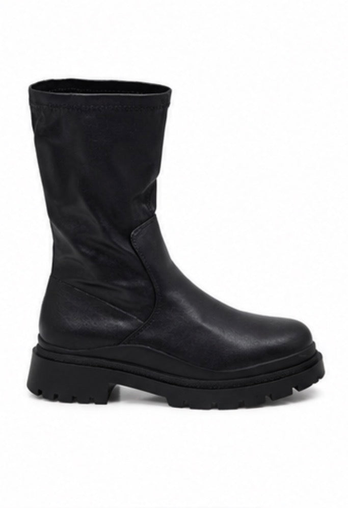 Black faux leather chunky sole slip on mid-calf boots 