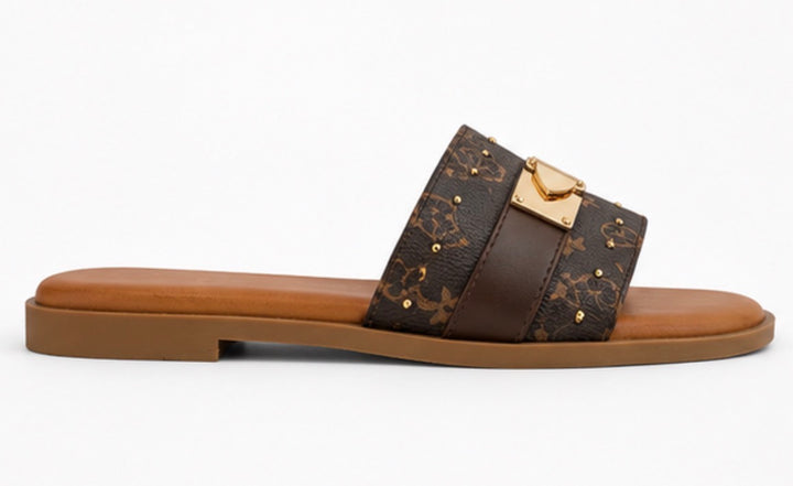 Brown Monogram Buckle Sliders – Designer Style Summer Sandals