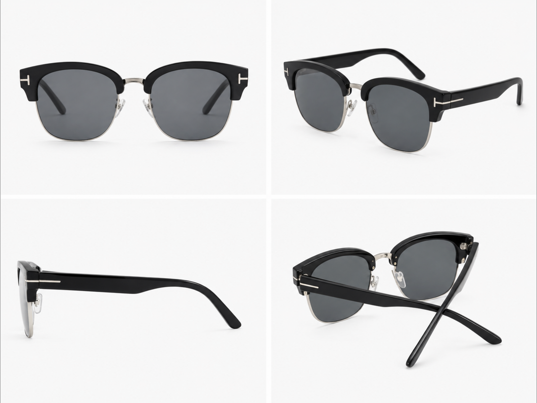 Black and silver semi-rimless square sunglasses with dark smoke lenses and silver detail accents