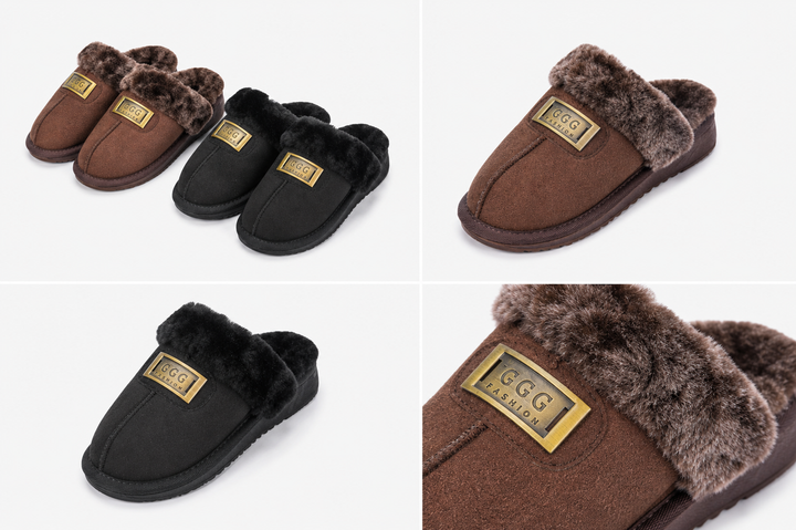 Kids open-back fur-lined slippers in black and brown with soft plush trim