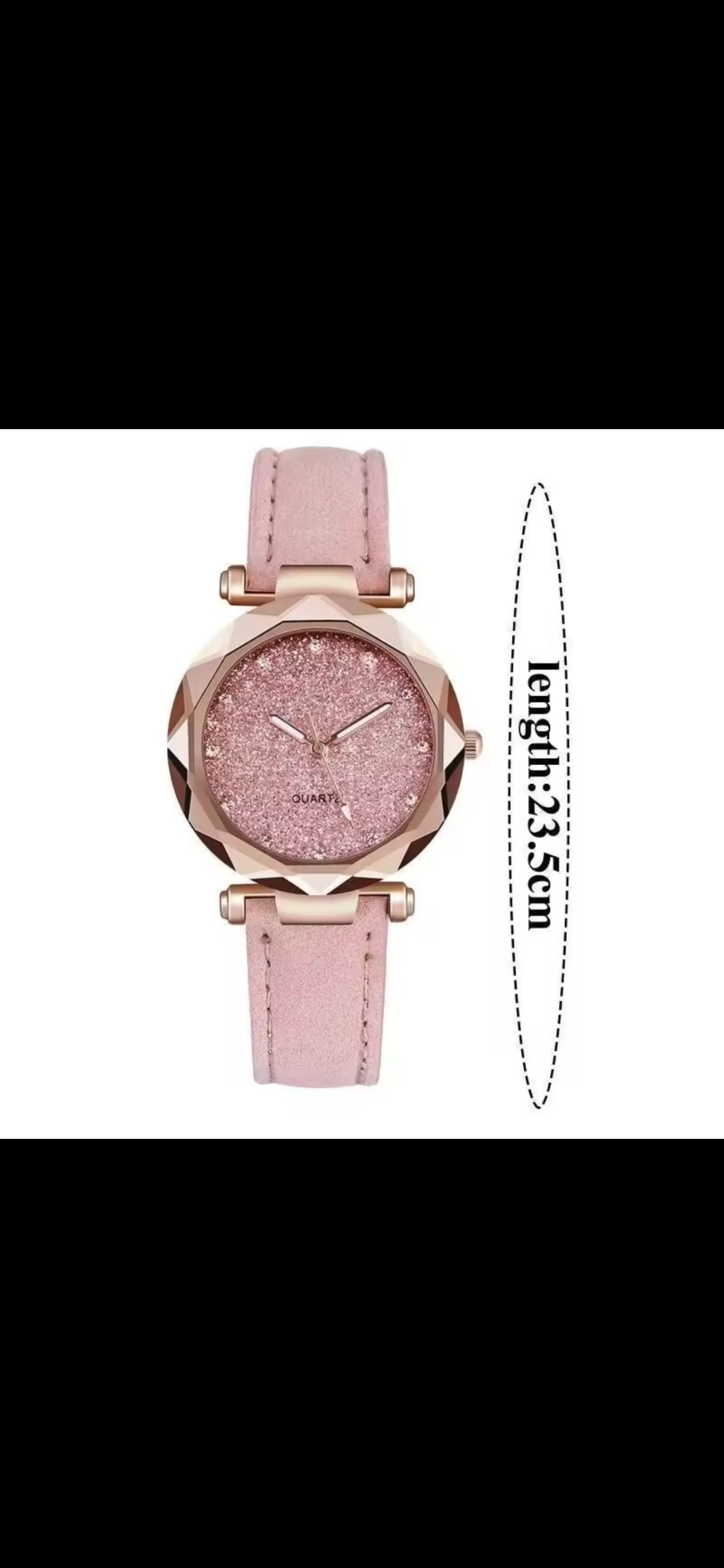 Pink watch with rose gold accents on a white background