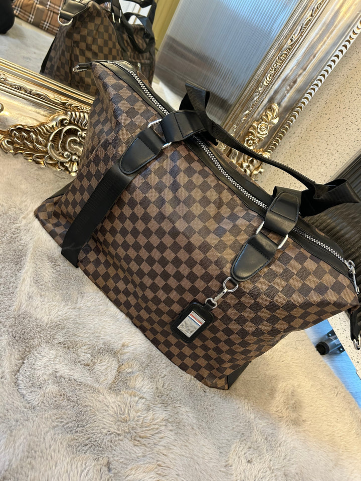 Brown checked detail, large holdall luggage travel bag with silver hardware