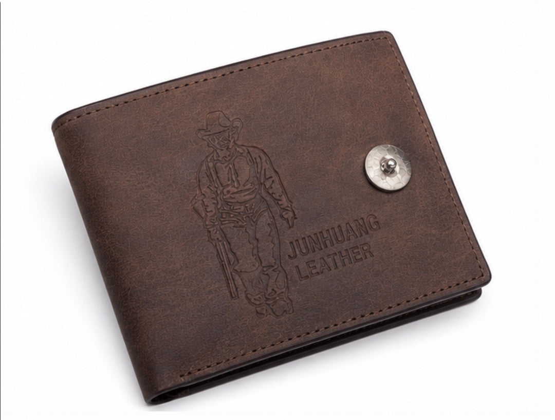 Brown men’s leather-look bifold wallet with popper fastening, multiple card slots, zipped coin pocket and ID window