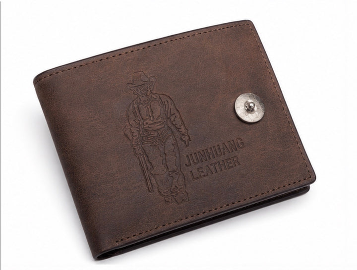 Brown men’s leather-look bifold wallet with popper fastening, multiple card slots, zipped coin pocket and ID window