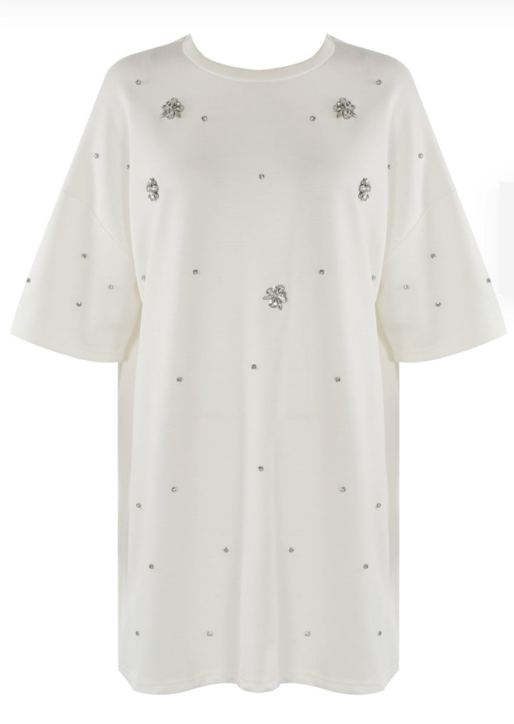 White t-shirt dress with crystal embellishments 