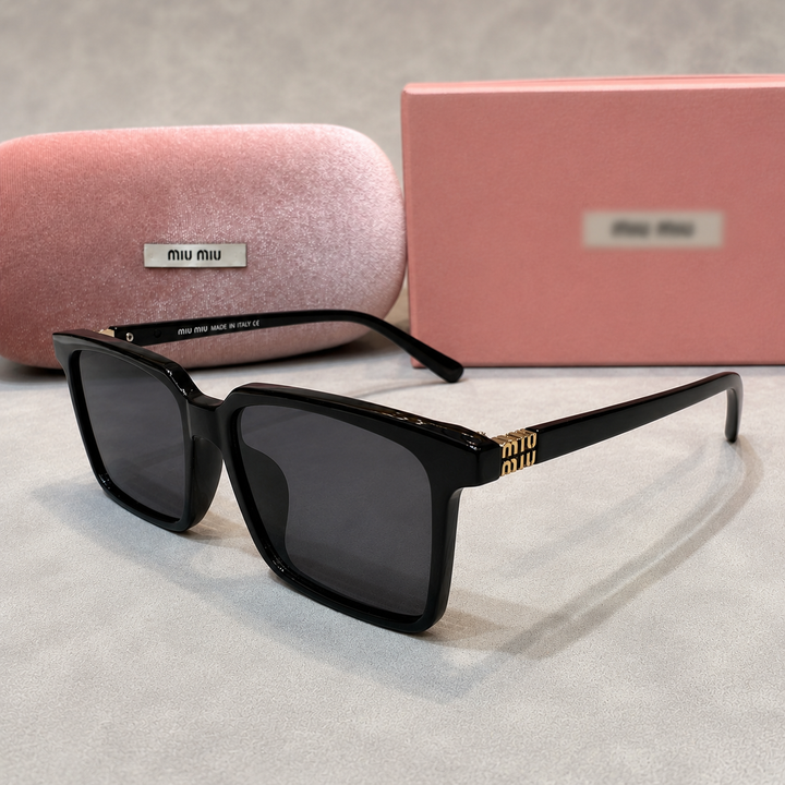 Luxury black square frame sunglasses with dark lenses and protective case