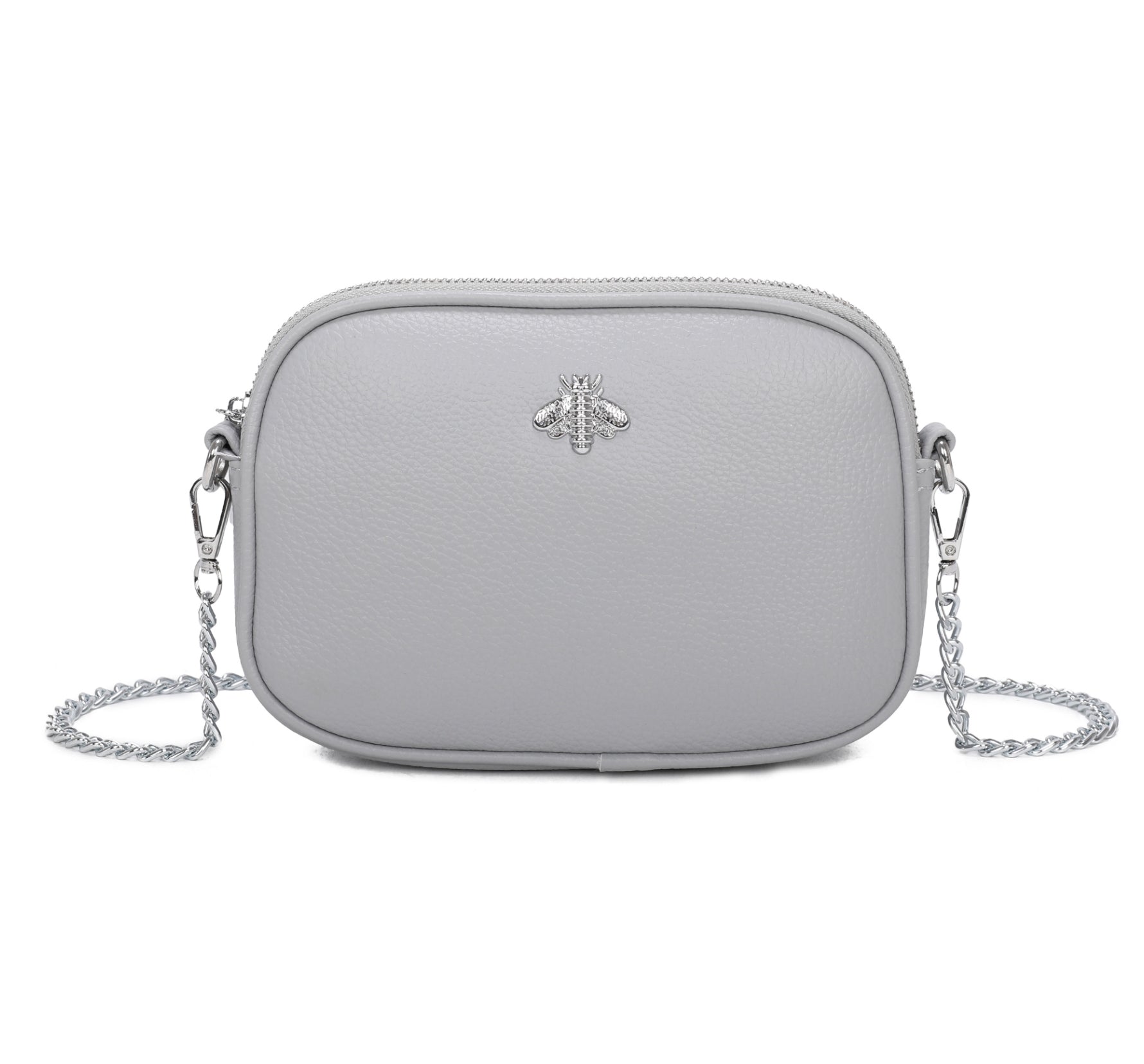 Gray handbag with a chain strap 