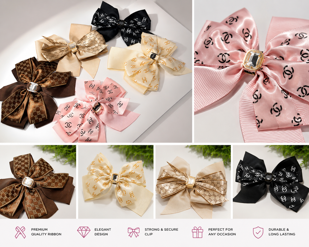 Luxury ribbon hair bow clip with crystal centre and layered ribbon design