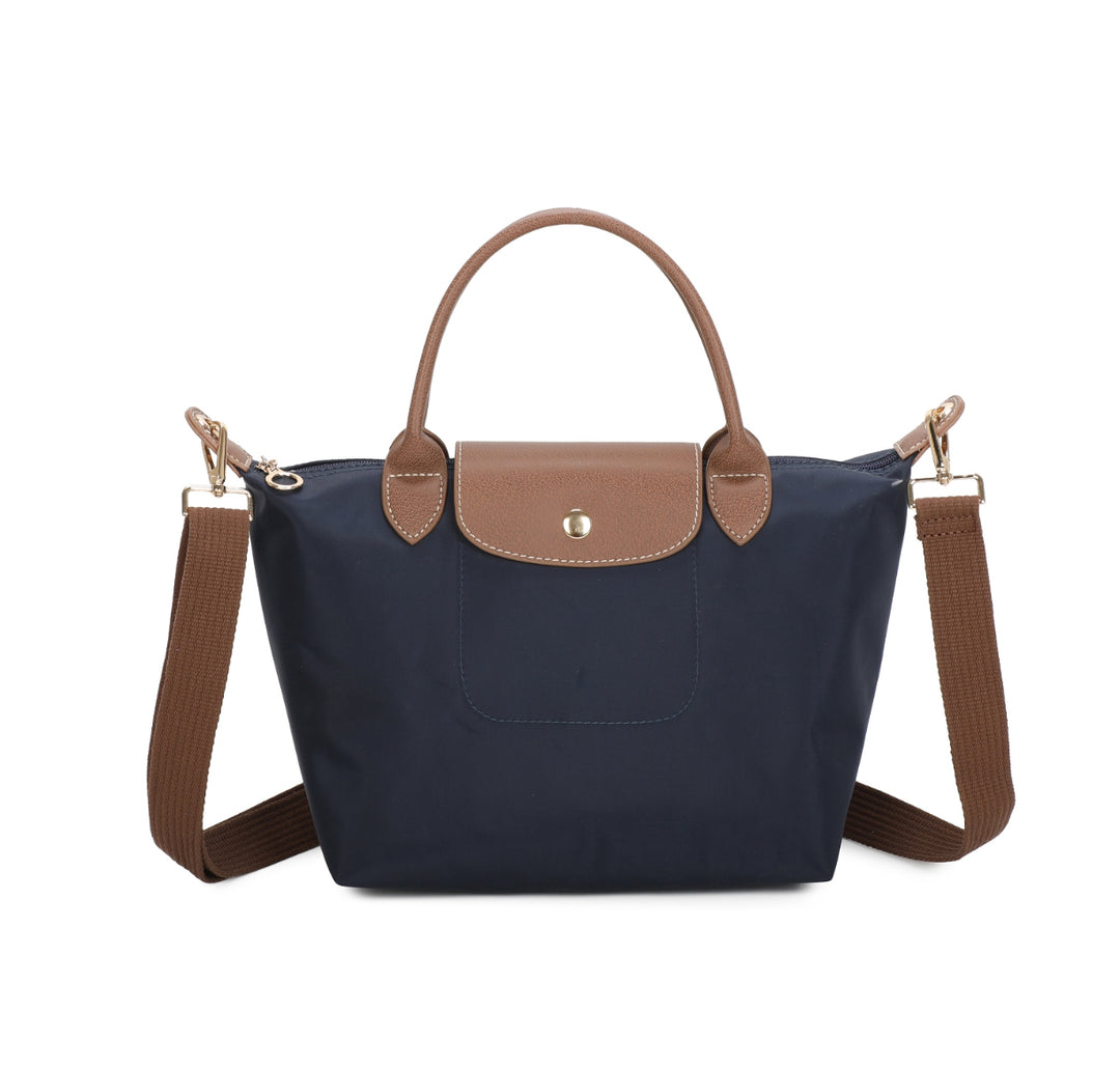 Navy handbag with brown accents