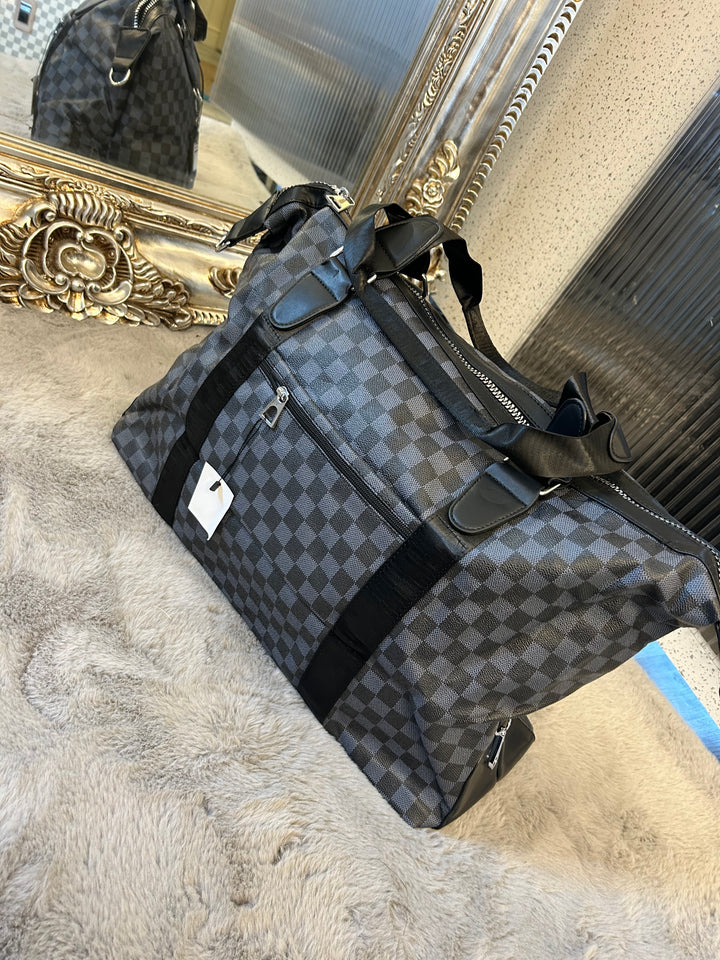 Black checked detail, large holdall luggage travel bag with silver hardware