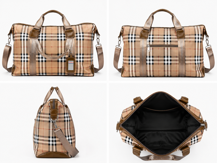 Luxury travel holdall weekend bag in plaid designs with detachable shoulder straps.