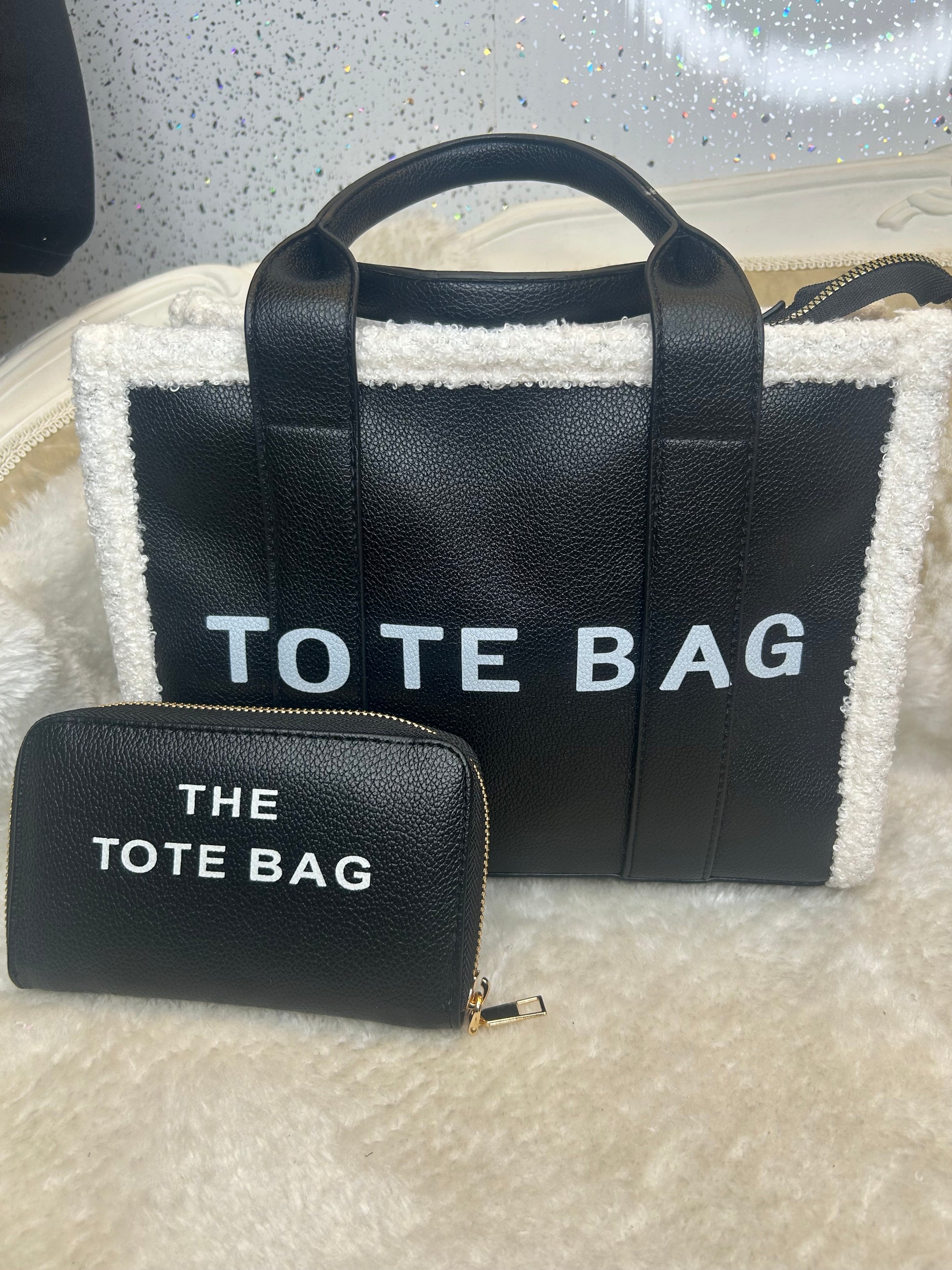 Black tote bag and wallet set with 'TOTE BAG' text 