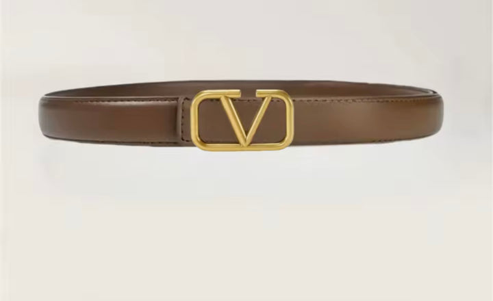 Brown belt with gold V-shaped buckle