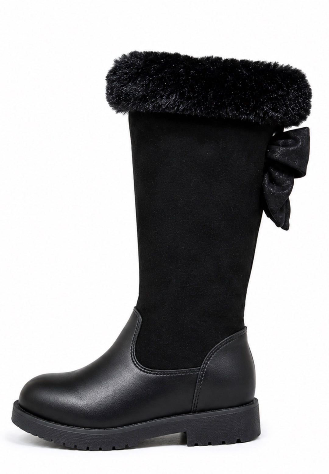 Kids black knee-high winter boots with faux fur trim, side bow detail and chunky sole 