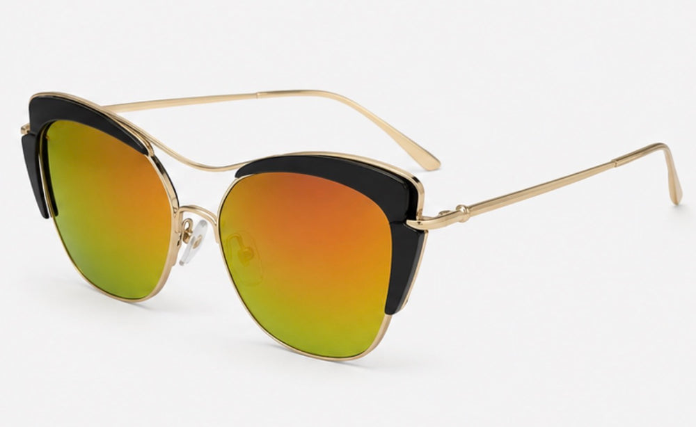 Black and gold cat-eye sunglasses with mirrored orange and green tinted lenses and slim gold arms 