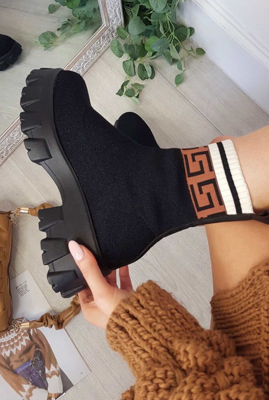 Greek key print sock ankle boot trainer