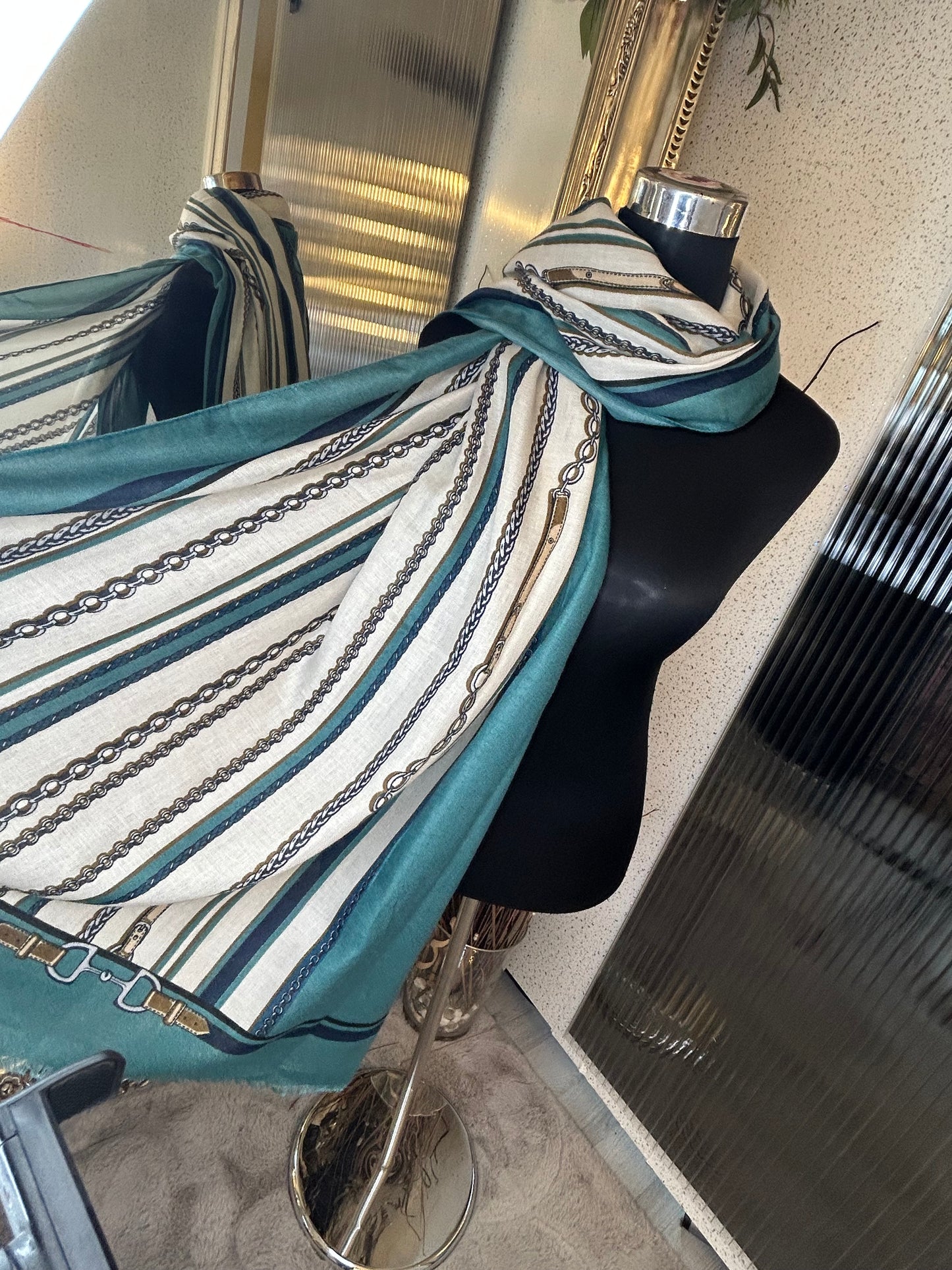 Teal and cream striped scarf with chain and belt print scarf 