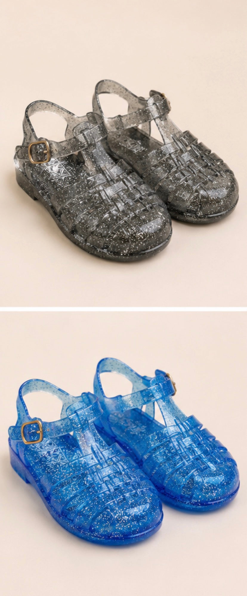 Children’s glitter jelly sandals available in blue and black with buckle ankle straps and flexible sparkly design
