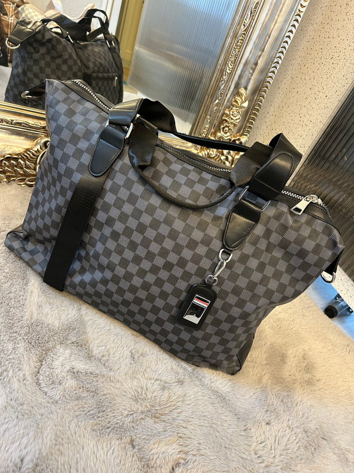 Black checked detail, large holdall luggage travel bag with silver hardware