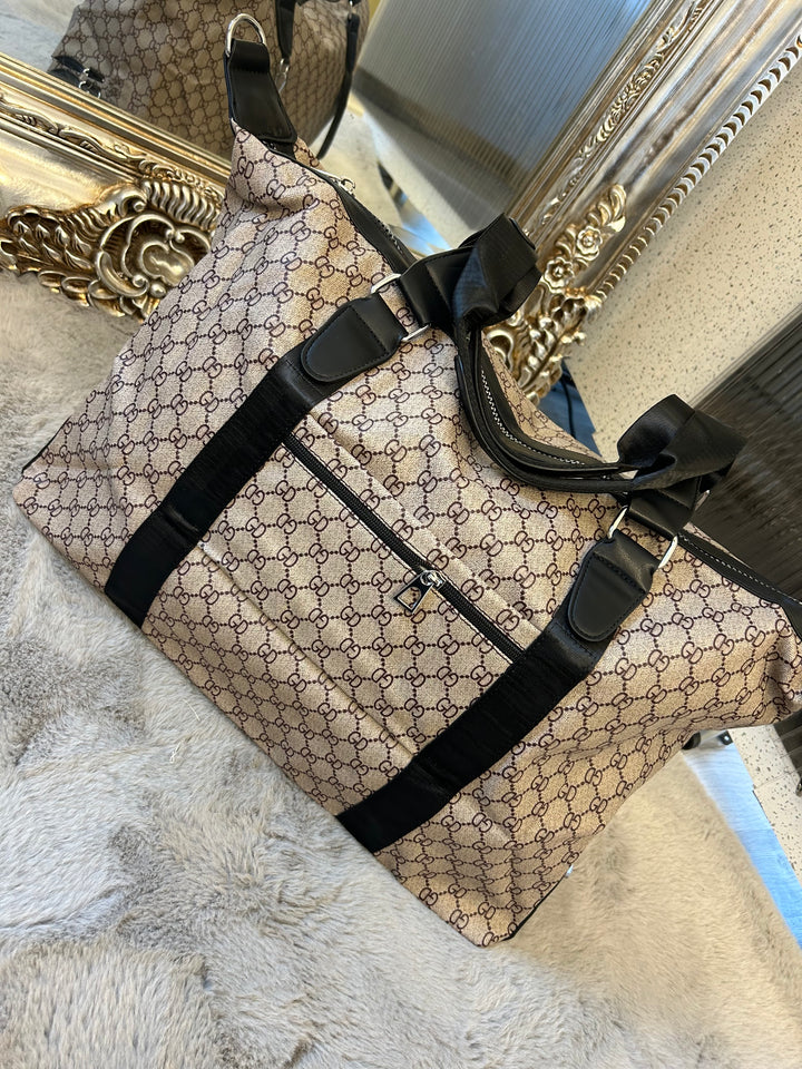 Beige letter detail, large holdall luggage travel bag with silver hardware